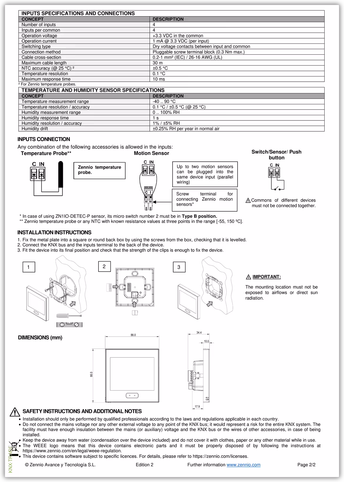 Datasheet (2) Zennio [ZVIZ35V2] Z35 v2 / Панель сенсорная KNX, с экраном 3.5 дюймов и датчиком влажности