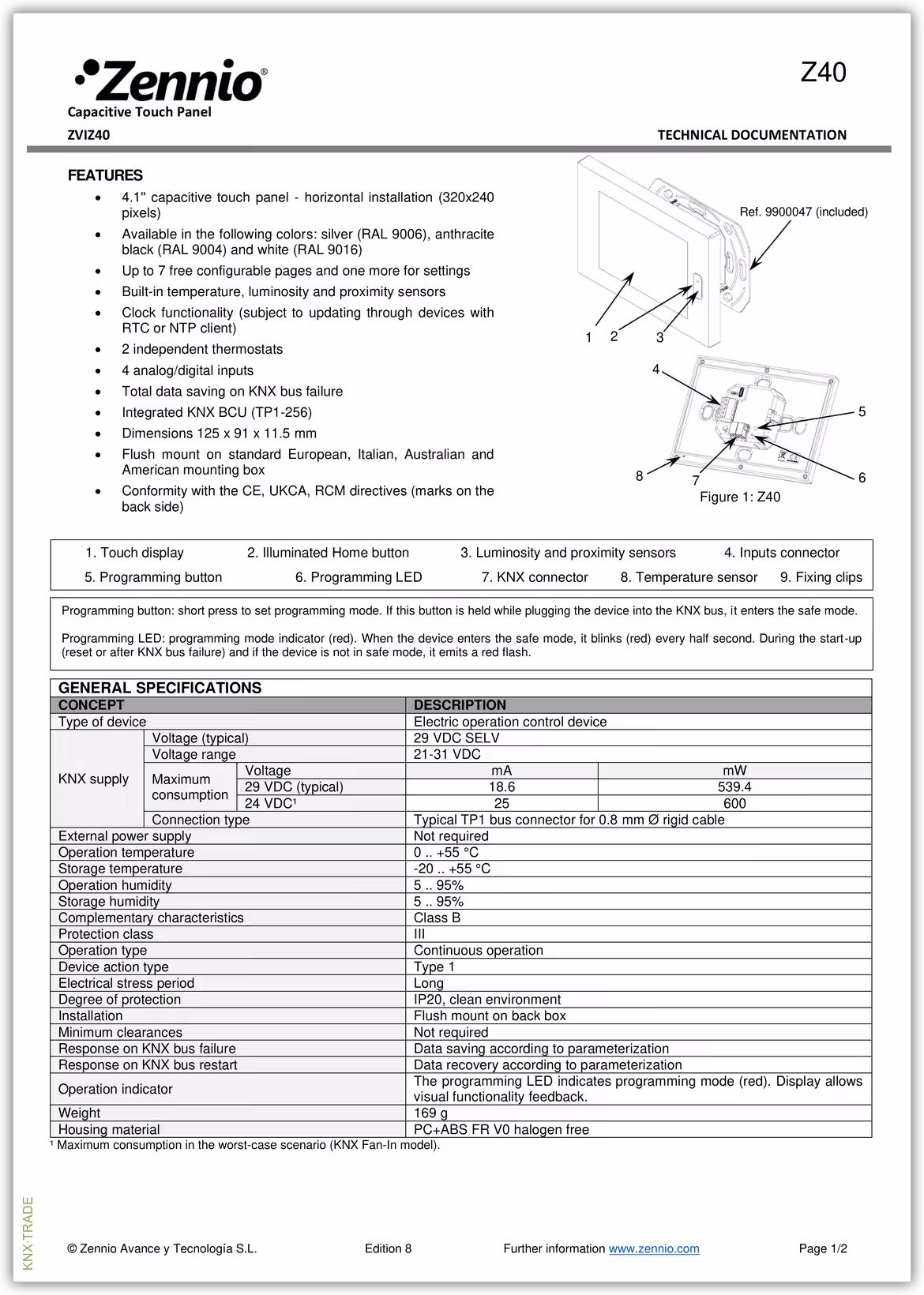 Datasheet (1) Zennio [ZVIZ40] Z40 / Панель сенсорная KNX, с экраном 4.1 дюймов
