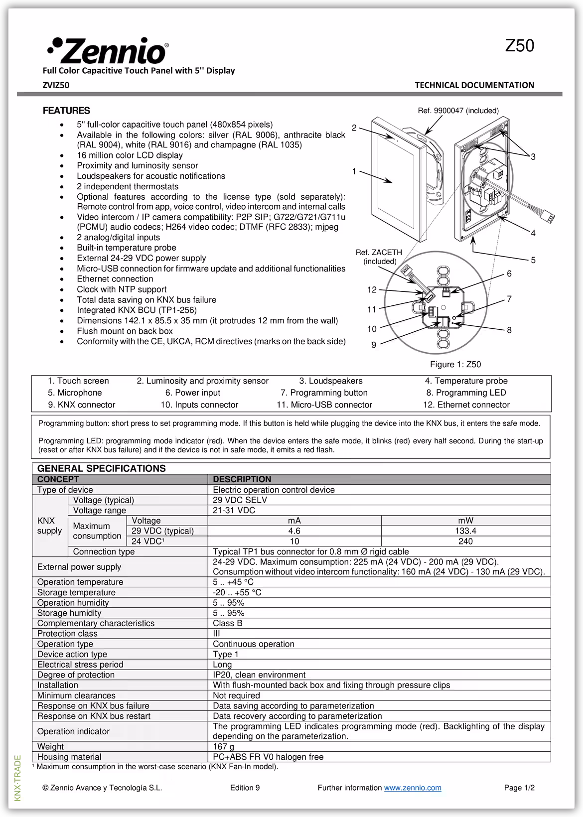 Datasheet (1) Zennio [ZVIZ50] Z50 / Панель сенсорная KNX, с экраном 5 дюймов