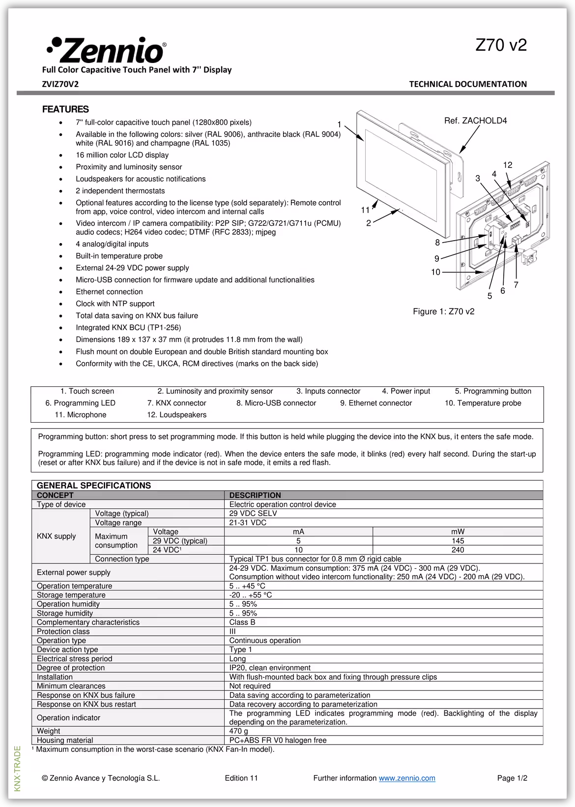 Datasheet (1) Zennio [ZVIZ70V2] Z70 v2 / Панель сенсорная KNX, с экраном 7 дюймов