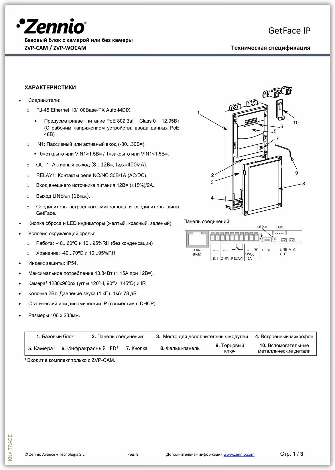 Datasheet (1) Zennio [ZVP-CAM] ZVP-CAM / Блок GetFace IP с камерой