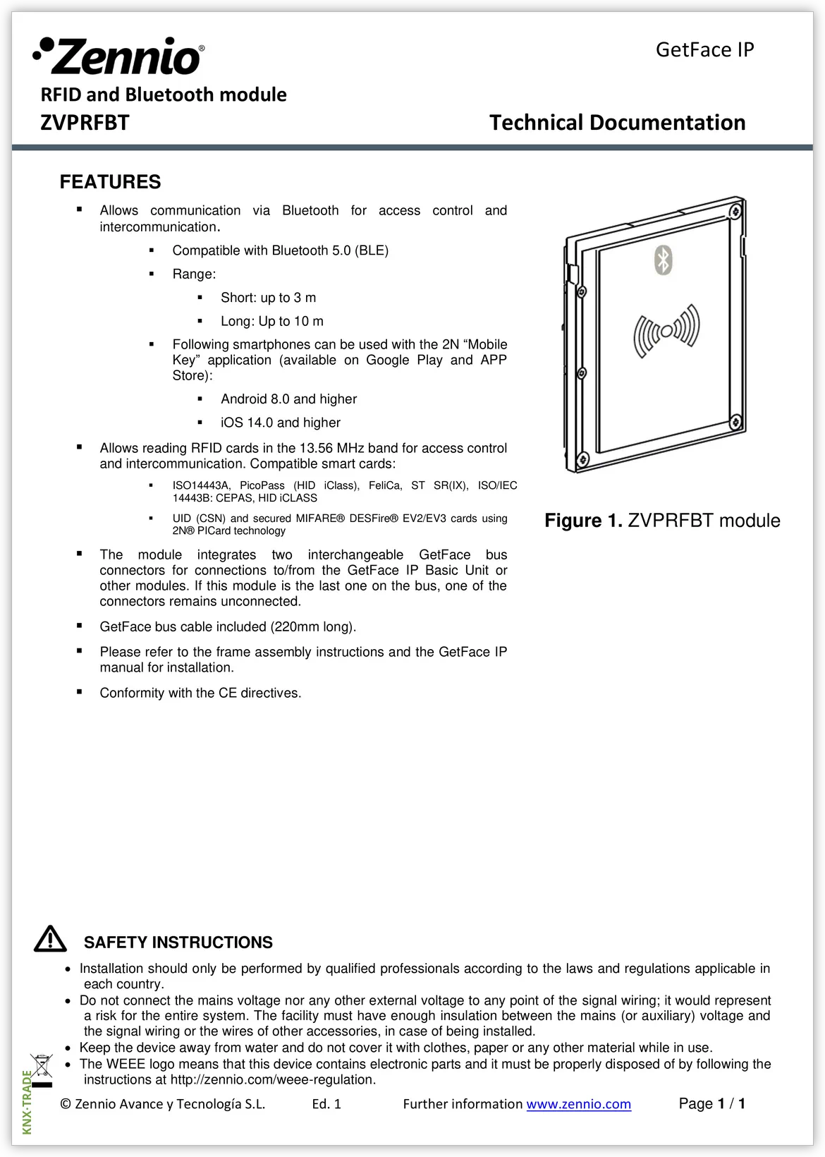 Datasheet (1) Zennio [ZVPRFBT] ZVPRFBT / Модуль RFID и Bluetooth GetFace IP