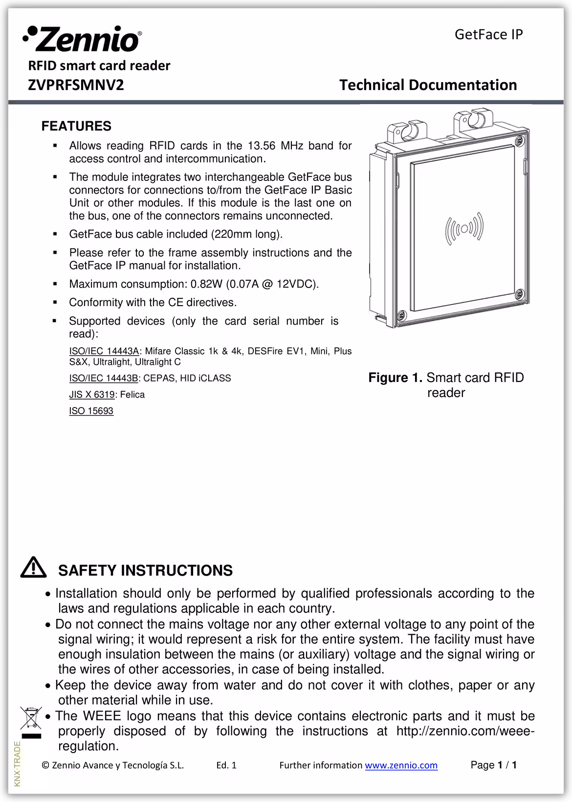 Datasheet (1) Zennio [ZVPRFSMNV2] ZVPRFSMNV2 / Считыватель RFID GetFace IP