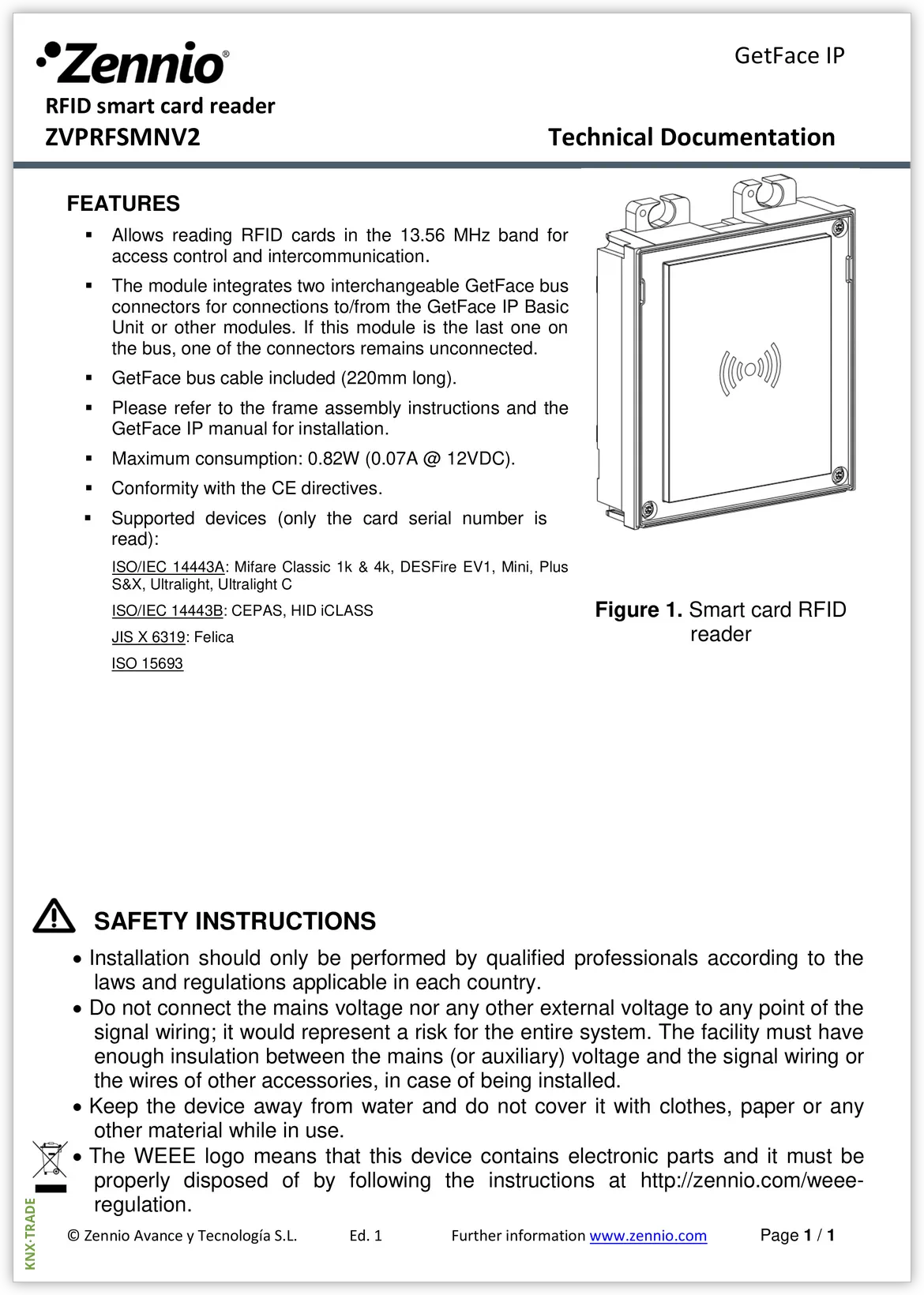 Datasheet (1) Zennio [ZVPRFSMNV2] ZVPRFSMNV2 / Считыватель RFID GetFace IP